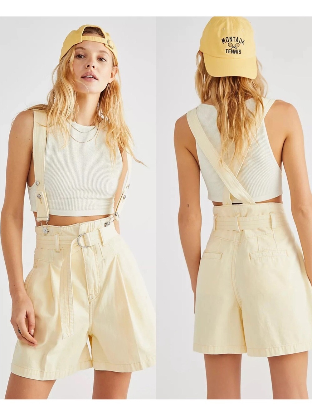 LIKE NEW FREE PEOPLE Bittersweet Shortall Dungaree Shorts- Yellow